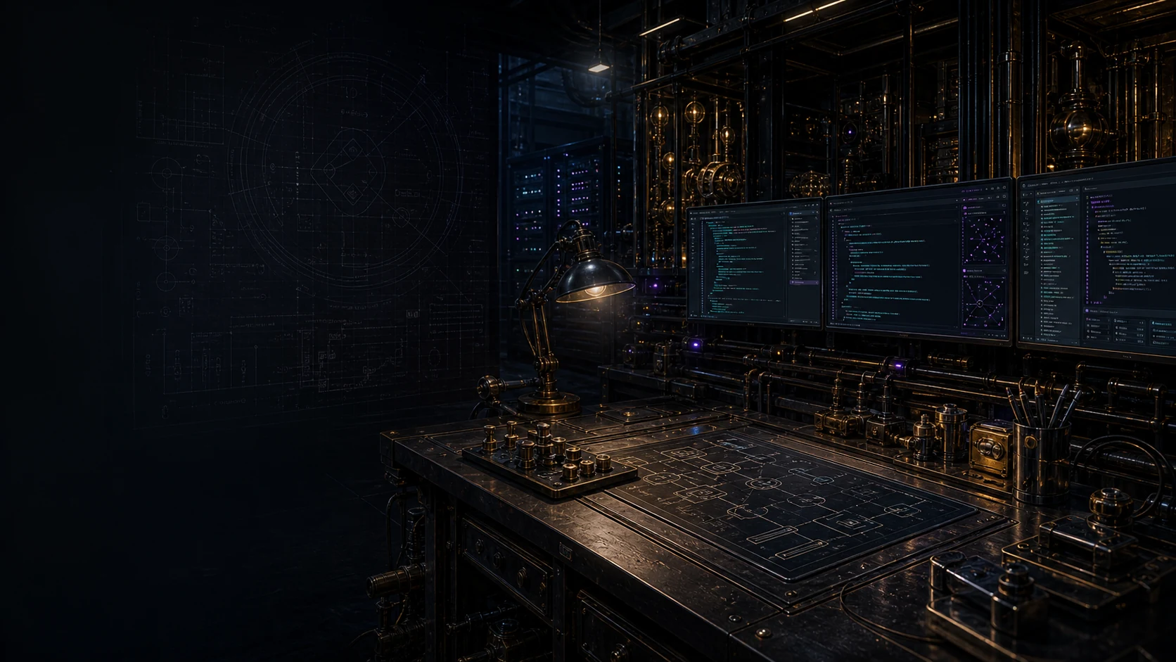 A dark technical workshop with software monitors, server racks, brass machinery, and system diagrams
